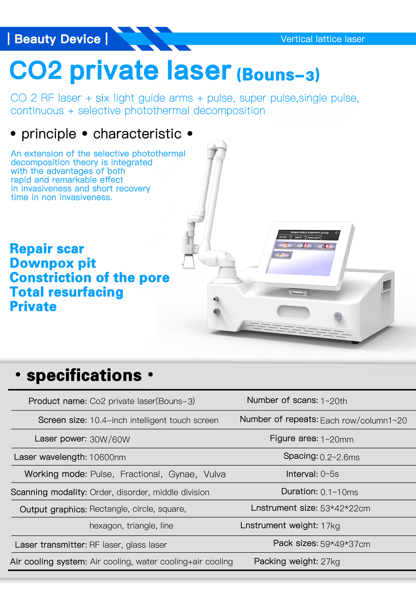 Co2 fractional laser machine for skin rejuvenation acne scars wrinkle removal